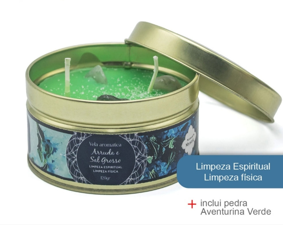 Vela com Pedras naturais Mystic - Sal Grosso & Arruda (Com Aventurina verde)